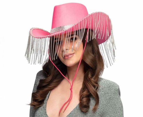 Kapelusz Show girl różowy Kowboj kowbojski ze srebrnymi frędzlami