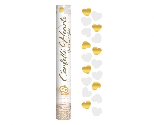 Konfetti pneumatyczne Złote i białe serduszka foliowe i papierowe 40 cm