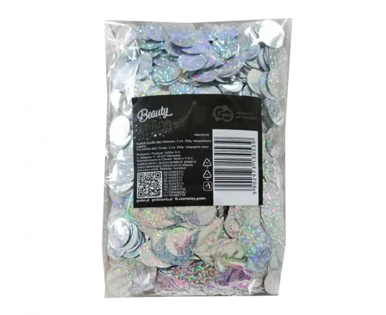 Konfetti foliowe Kółeczka 2 cm 250g holograficzny srebrny