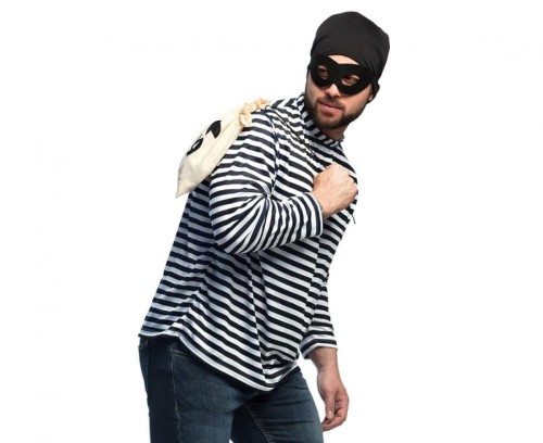 Zestaw dla dorosłych Rabuś Przebranie Złodzieja Kostium Złodziej koszulka czapka opaska na oczy torba rozm L/XL