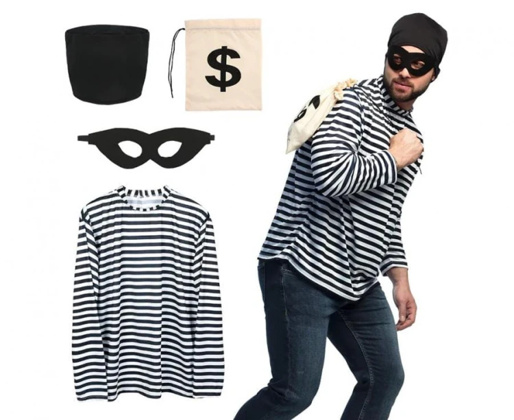 Zestaw dla dorosłych Rabuś Przebranie Złodzieja Kostium Złodziej koszulka czapka opaska na oczy torba rozm L/XL