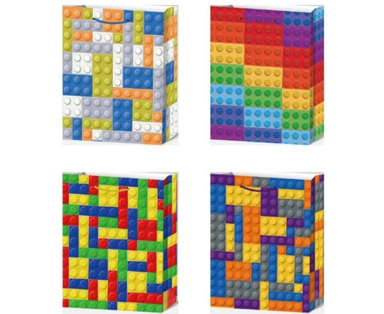 Torebka prezentowa Klocki 32x26x16 cm zestaw mix wzorów 12 szt szerokie dno