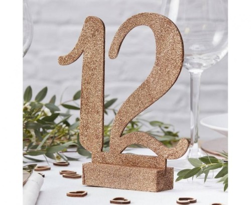 Numery na stoliki brokatowe Botanics drewniane różowo-złote 12x15 cm cyfry 1-12