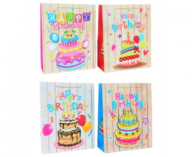 Torebka prezentowa urodzinowa z tortem Happy Birthday 32x26x10 cm zestaw mix wzorów 12 szt