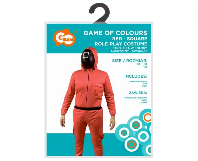 Kostium Strażnika Squid Game Kwadrat kombinezon z kapturem pasek maska rozm. 56