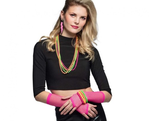 Zestaw Disco lata 80 przebranie retro neon róż ocieplacze naramienniki naszyjniki bransoletki i kolczyki