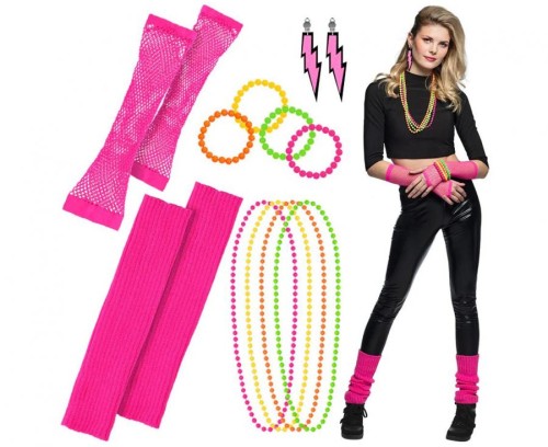 Zestaw Disco lata 80 przebranie retro neon róż ocieplacze naramienniki naszyjniki bransoletki i kolczyki