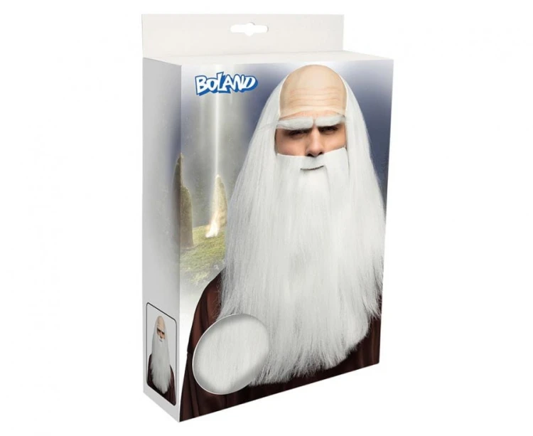 Peruka Stary Mędrzec Pustelnik Mnich Strój Przebranie Siwe włosy z brodą Wise man