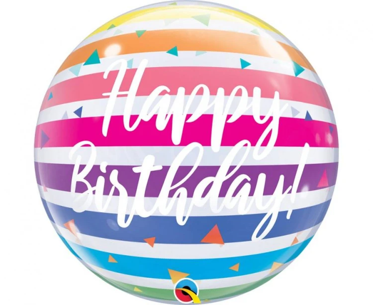 Balon foliowy na urodziny Happy Birthday tęczowe paski 22" QL Bubble