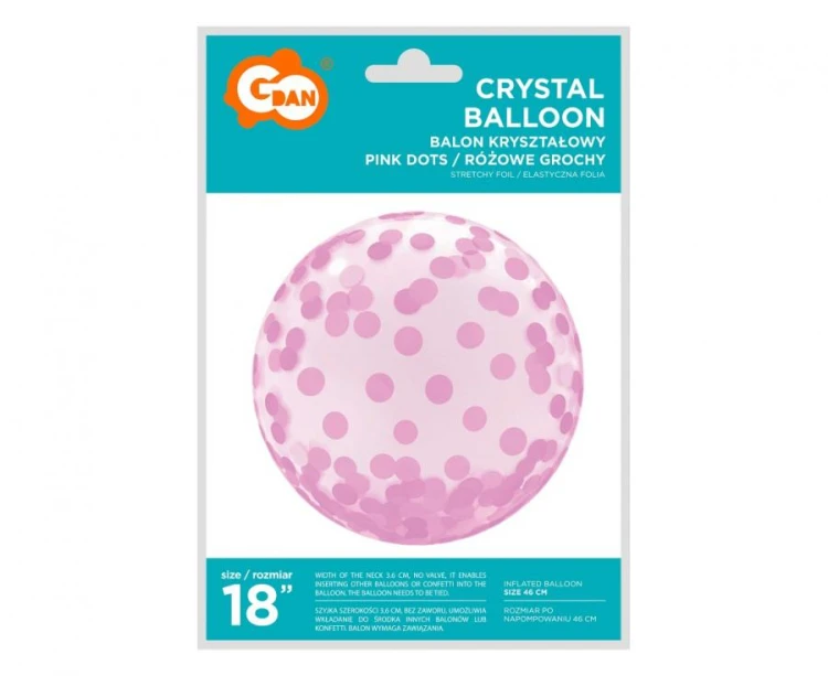 Balon kula w różowe grochy groszki kropki 18" kryształowy