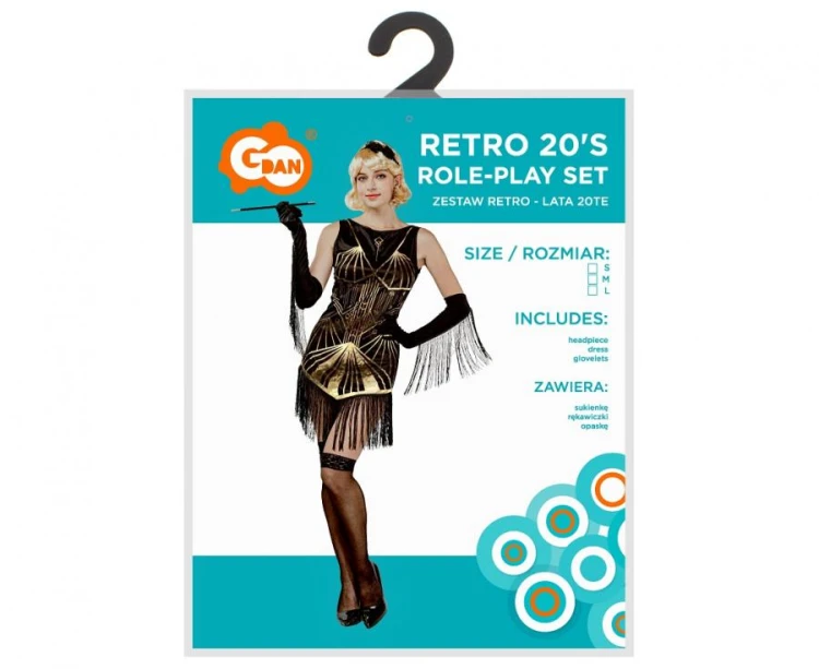 STRÓJ RETRO FLAPPERKA kostium lata 20 czarna sukienka rozmiar S