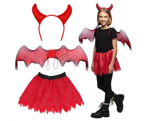 Przebranie Diabełek dla dzieci Skrzydlata Diablica Strój Diabeł dziecięcy Kostium z rogami Halloween