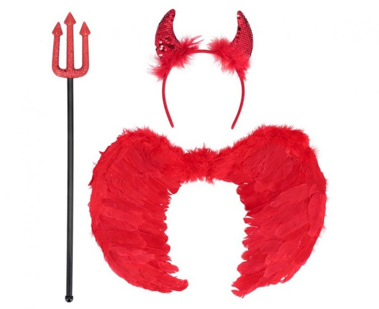 Zestaw Skrzydlata Diablica Przebranie Diabeł Strój Diabła rogi widły skrzydła Halloween