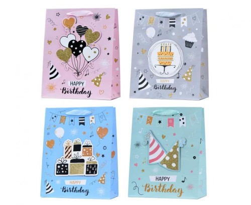 Torebka prezentowa urodzinowa L 26,4x32,4x13,7 zestaw mix wzorów 12 szt