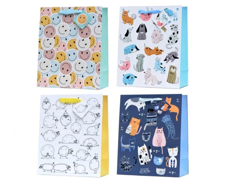 Torebka prezentowa kotki pieski baranki buźki uśmiechy zestaw mix wzorów 12 szt