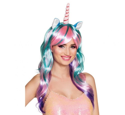 Peruka JEDNOROŻEC magiczny z rogiem i uszami kolorowe włosy
