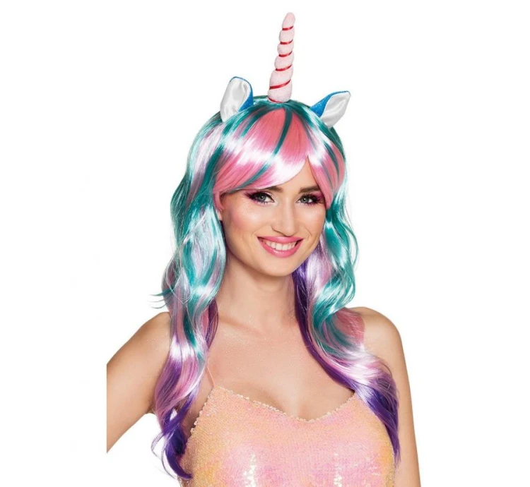 Peruka JEDNOROŻEC magiczny z rogiem i uszami kolorowe włosy