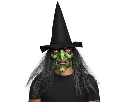 Maska lateksowa Czarownicy z włosami i kapeluszem maska wiedźmy Halloween