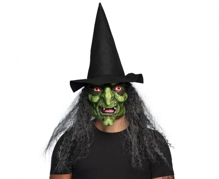Maska lateksowa Czarownicy z włosami i kapeluszem maska wiedźmy Halloween