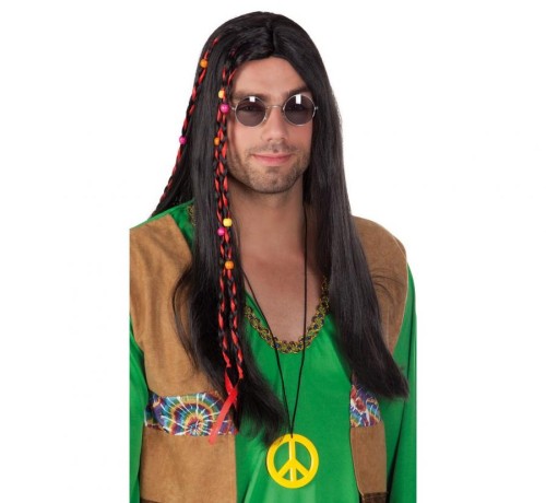 Peruka Hipis Flower Power Długie Czarne Włosy hipisowska Retro Lata 70