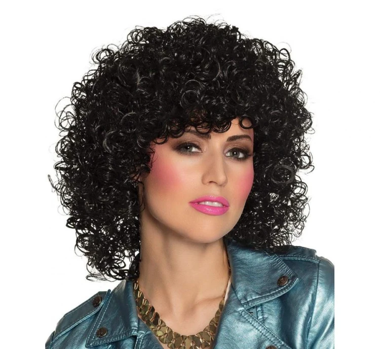 Peruka KLUBOWA TANCERKA Loki Kręcone Czarne Sztuczne Włosy Trwała PRL