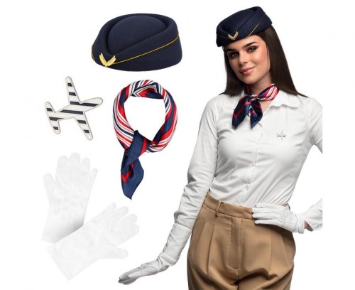 Zestaw do Stroju Stewardesy Strój Stewardessa Czapka Rękawiczki Szalik Odznaka