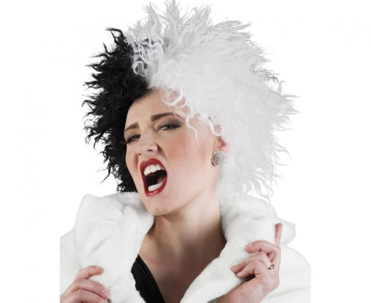 Peruka Cruella de Mon Wiedźma Kręcone Biało Czarne Włosy Afro Strój Dalmatyńczyków