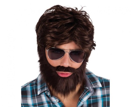 Brązowa Peruka męska z Brodą Przebranie męskie Impreza Kac Vegas