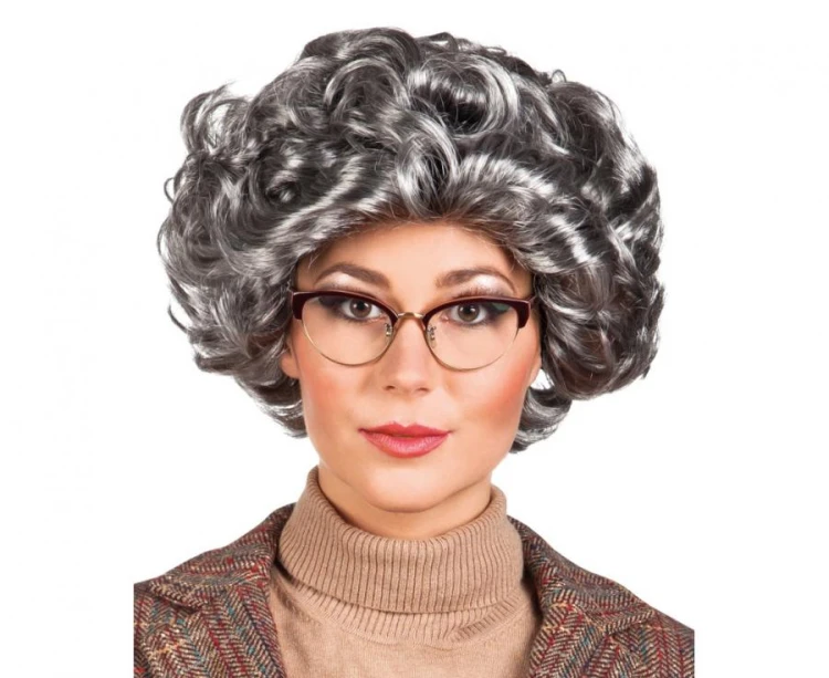 peruka BABCIA STARUSZKA stara NAUCZYCIELKA strój Babci Elizabeth Kręcone Siwe Włosy Królowa Elżbieta