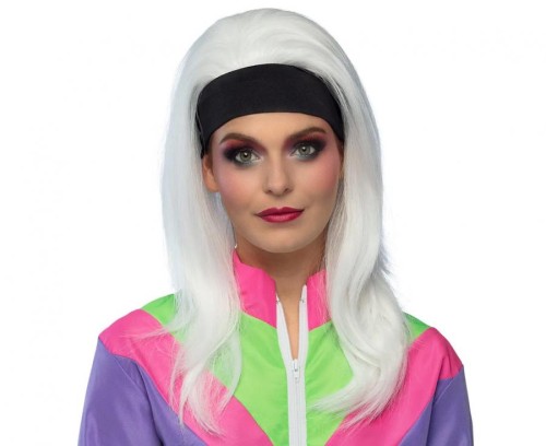Długa PERUKA białe PROSTE włosy RETRO gwiazda muzyki DISCO lata 80 OPASKA