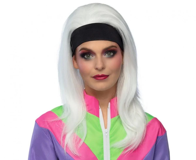 Długa PERUKA białe PROSTE włosy RETRO gwiazda muzyki DISCO lata 80 OPASKA