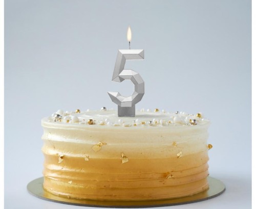 Świeczka urodzinowa cyferka 5 Diament na tort metalik srebrny 7.6 cm
