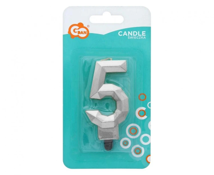 Świeczka urodzinowa cyferka 5 Diament na tort metalik srebrny 7.6 cm