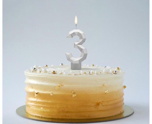 Świeczka urodzinowa cyferka 3 Diament cyfra na tort metalik srebrny 7.6 cm