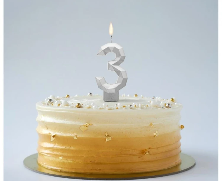 Świeczka urodzinowa cyferka 3 Diament cyfra na tort metalik srebrny 7.6 cm