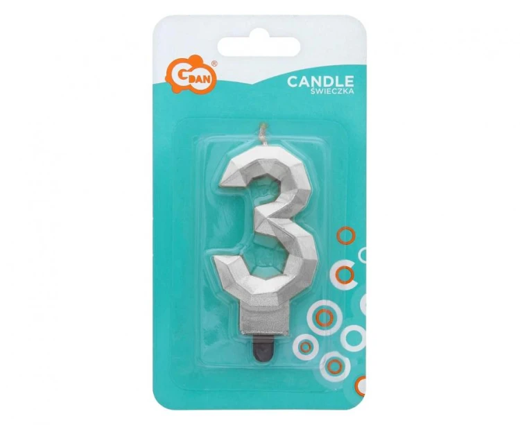 Świeczka urodzinowa cyferka 3 Diament cyfra na tort metalik srebrny 7.6 cm