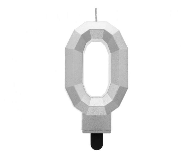 Świeczka cyferka 0 Diament cyfra na tort metalik srebrny 7.6 cm
