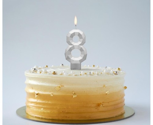 Świeczka cyferka 8 cyfra 8 na tort Diament metalik srebrny 7.6 cm