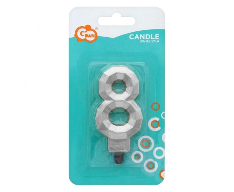 Świeczka cyferka 8 cyfra 8 na tort Diament metalik srebrny 7.6 cm