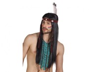 Peruka Indian Takoda Indianin z opaską i piórem Długie Czarne Włosy Impreza