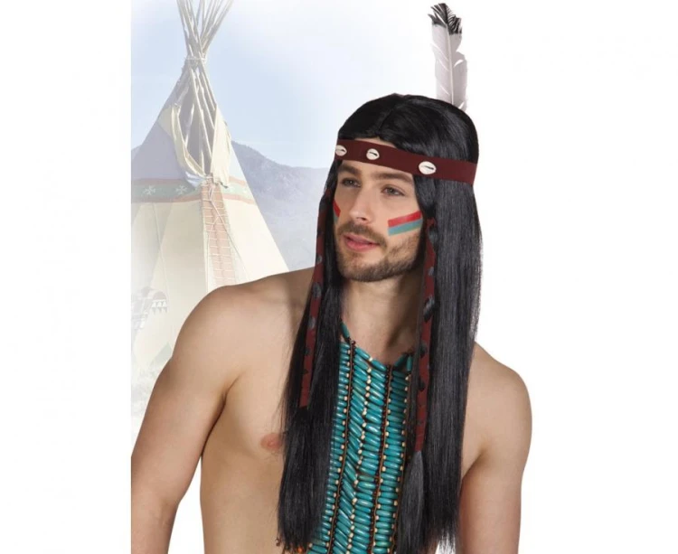 Peruka Indian Takoda Indianin z opaską i piórem Długie Czarne Włosy Impreza