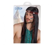 Peruka Indian Takoda Indianin z opaską i piórem Długie Czarne Włosy Impreza