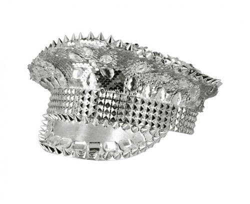 Czapka Srebrna z Daszkiem Ćwiekami Błyszcząca Glam Rock Przebranie Karnawał