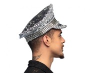 Czapka Srebrna z Daszkiem Ćwiekami Błyszcząca Glam Rock Przebranie Karnawał