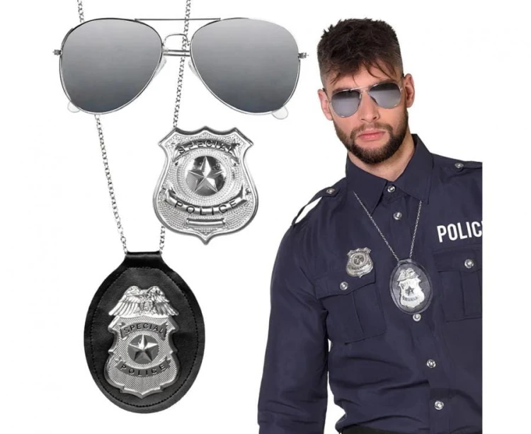 Strój Policjanta dla Dorosłych Przebranie Policjant Kostium Police Akcesoria Okulary Wisiorek Odznaka