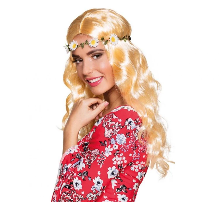Peruka Hipis Joy Kręcone Blond Włosy z Opaską w Stokrotki Festiwal