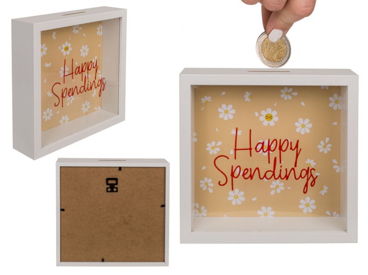 Drewniana Skarbonka „Happy Spendings” z Szybką Szklana Przezroczysta .jpg