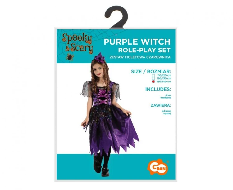 Zestaw dla dzieci Fioletowa Czarownica Przebranie Strój, rozm. 130/140 cm