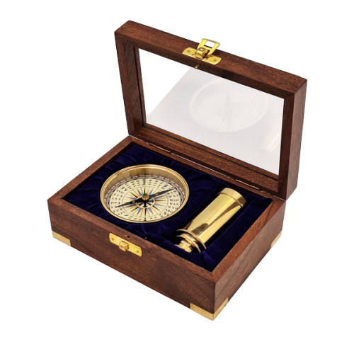 Mosiężny Kompas i Luneta w Drewnianym Pudełku - Zestaw Prezentowy  (1).png