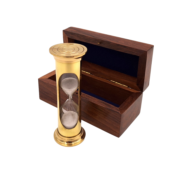 Klepsydra Piaskowa w Drewnianym Pudełku 3 Minuty mosiężna obudowa .png